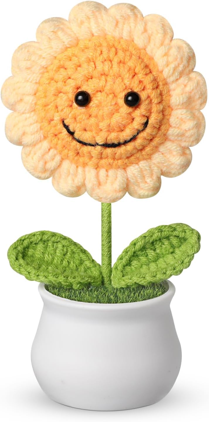 OneCut Handmade Crochet Sunflower Plush Toy in White Ceramic Pot, Decorative Knitted Flower with Smiley Face, Handmade Knitted Flower for Car Dashboard Decor - Office Desk Home Decor - Funny Gifts