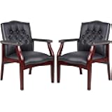 Black Leather Office Chairs Set of 2 -Ergonomic Executive Guest Chairs for Reception, Multi-Scene Use (Waiting Room, Meeting, Conference, Lobby, Conference, Church) High Back No Wheels with Arm Design