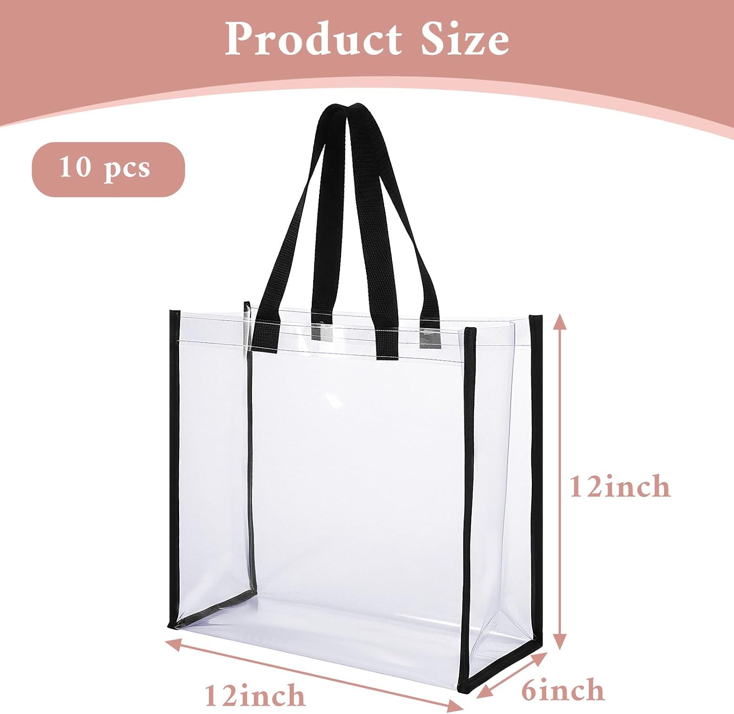 10 Pack Clear Tote Bags Bulk, Transparent PVC Shoulder Handbag for Women, Clear See Through Plastic Tote Bags with Handles for Shopping, Work, Sports Games, School, Concert, Christmas Gift Bag