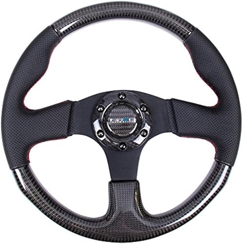 NRG Innovations NRG-ST-310CFRS - Volante de fibra de carbono, 12.402 in con costuras rojas, ribete de cuero perforado