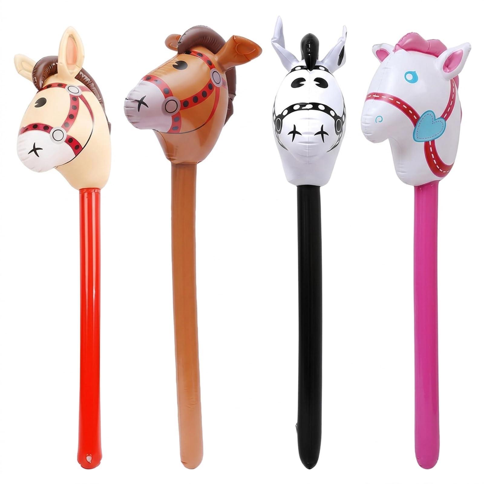 4 Pcs Inflatable Horse, Hobby Horse Stick for Themed Events and Social Activities, Blow Up Horse Prop with Realistic Design, 95 cm Height in Pink Black Red Brown Colours