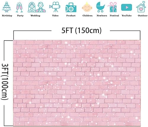 Miniatura 5 de Fondo de fotografía de pared de ladrillo rosa retro con purpurina de 5 x 3 pies para niña de fiesta de feliz cumpleaños, fondo de fotos, baby
