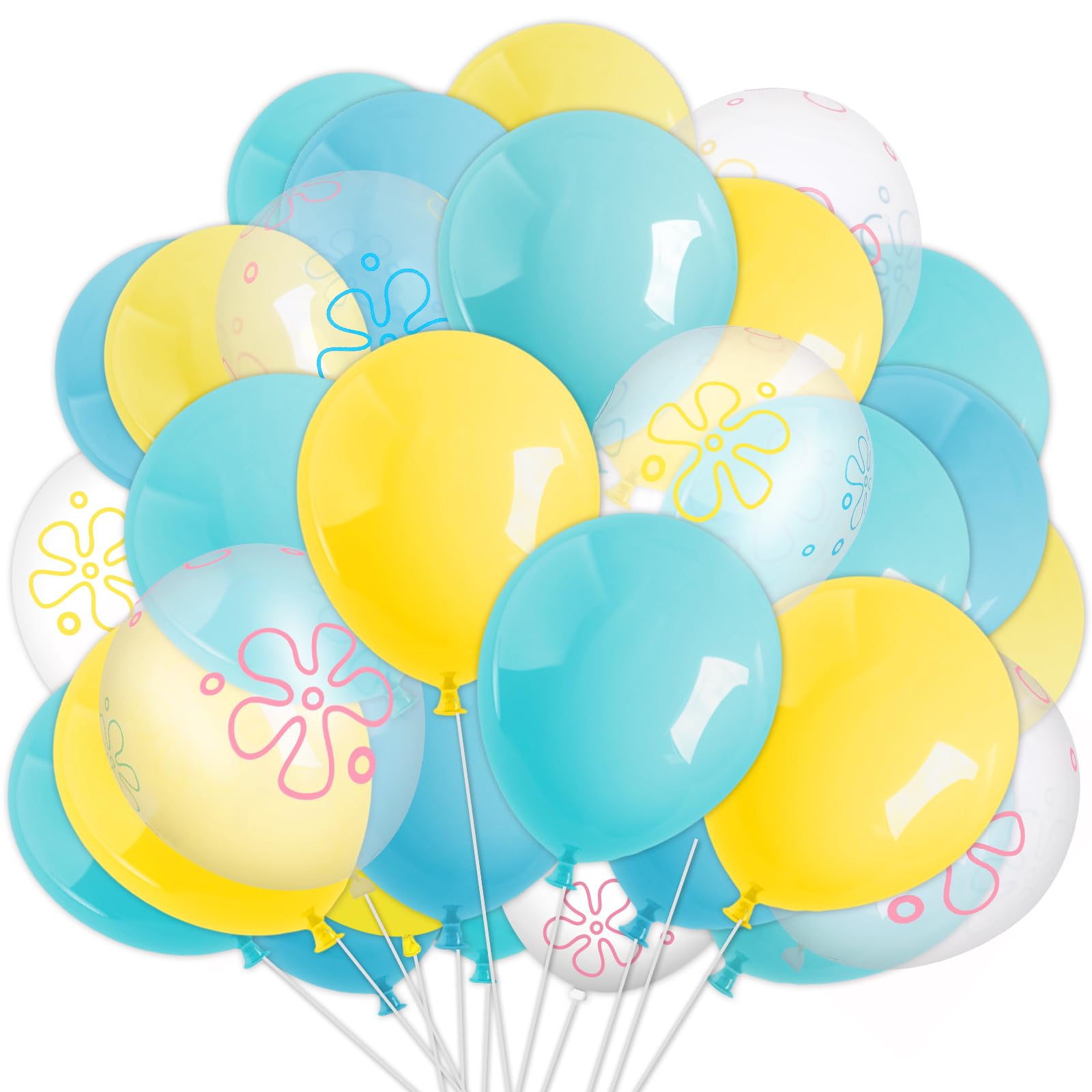 JarThenaAMCS 60Pcs Cartoon Sponge Party Balloon Bikini Flower Bubble Printed Latex Balloon Teal Blue Yellow Clear Balloon for Birthday Baby Shower