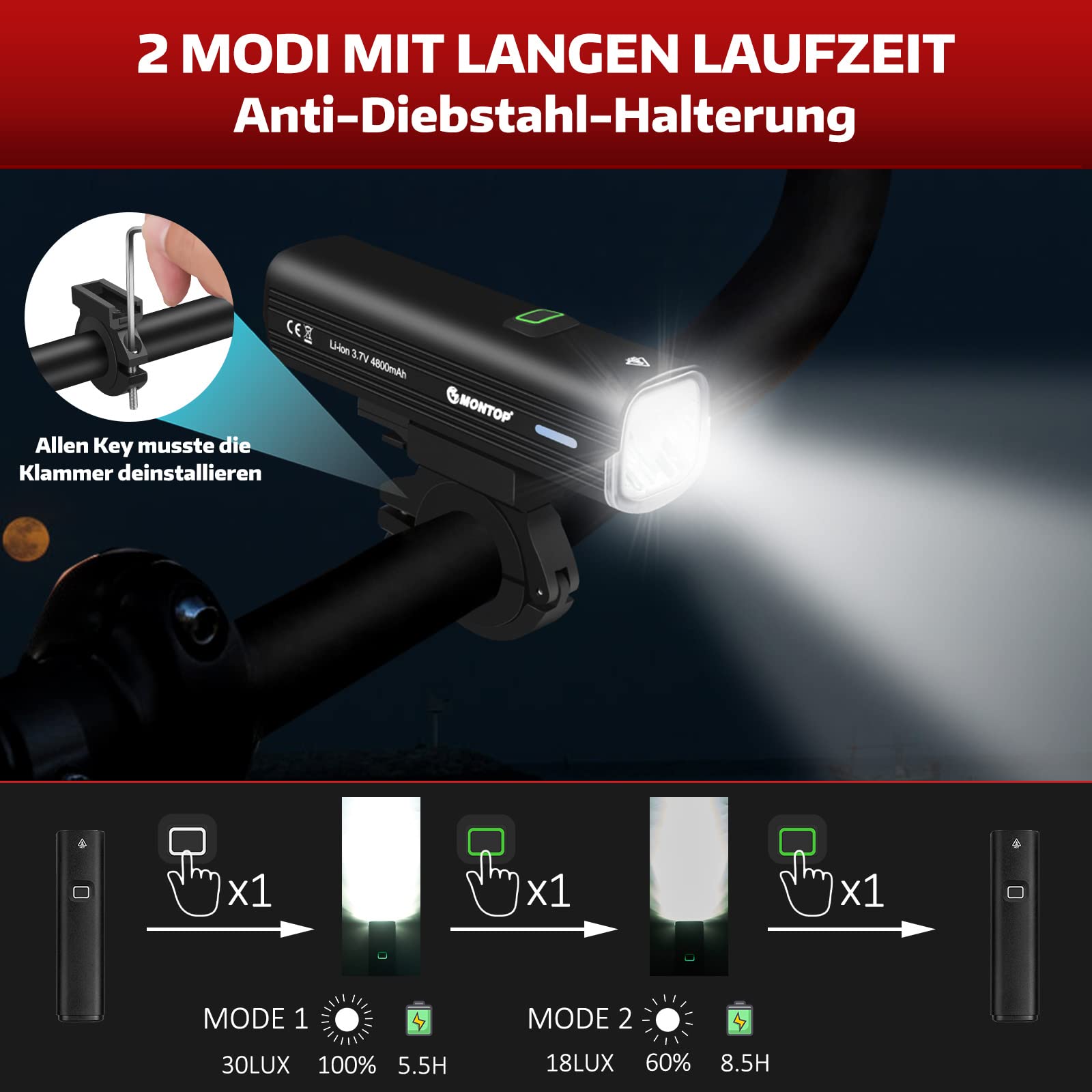 MONTOP StVZO Zugelassen Fahrradlicht Set USB Akku, LED Fahrradbeleuchtung Fahrradlampe, Bike Light Fahradbeleuchtungsset INKL. Frontlichter & Rücklicht, Fahrradlichter für Kinder und Erwachsene