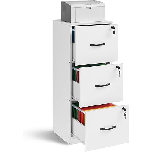 VASAGLE 3-Drawer Vertical File Cabinet, Filing Cabinet for Home Office, Printer Stand, with 3 Lockable Drawers, Adjustable Hanging Rail, for A4 and Letter-Size Files, Cloud White UOFC055W14