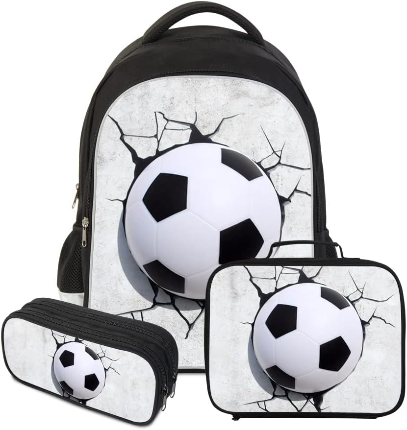 3D Soccer Backpack Cool Sports Bag Children School Lunch Bag Pencil Bag Bookbag with Laptop Sleeve
