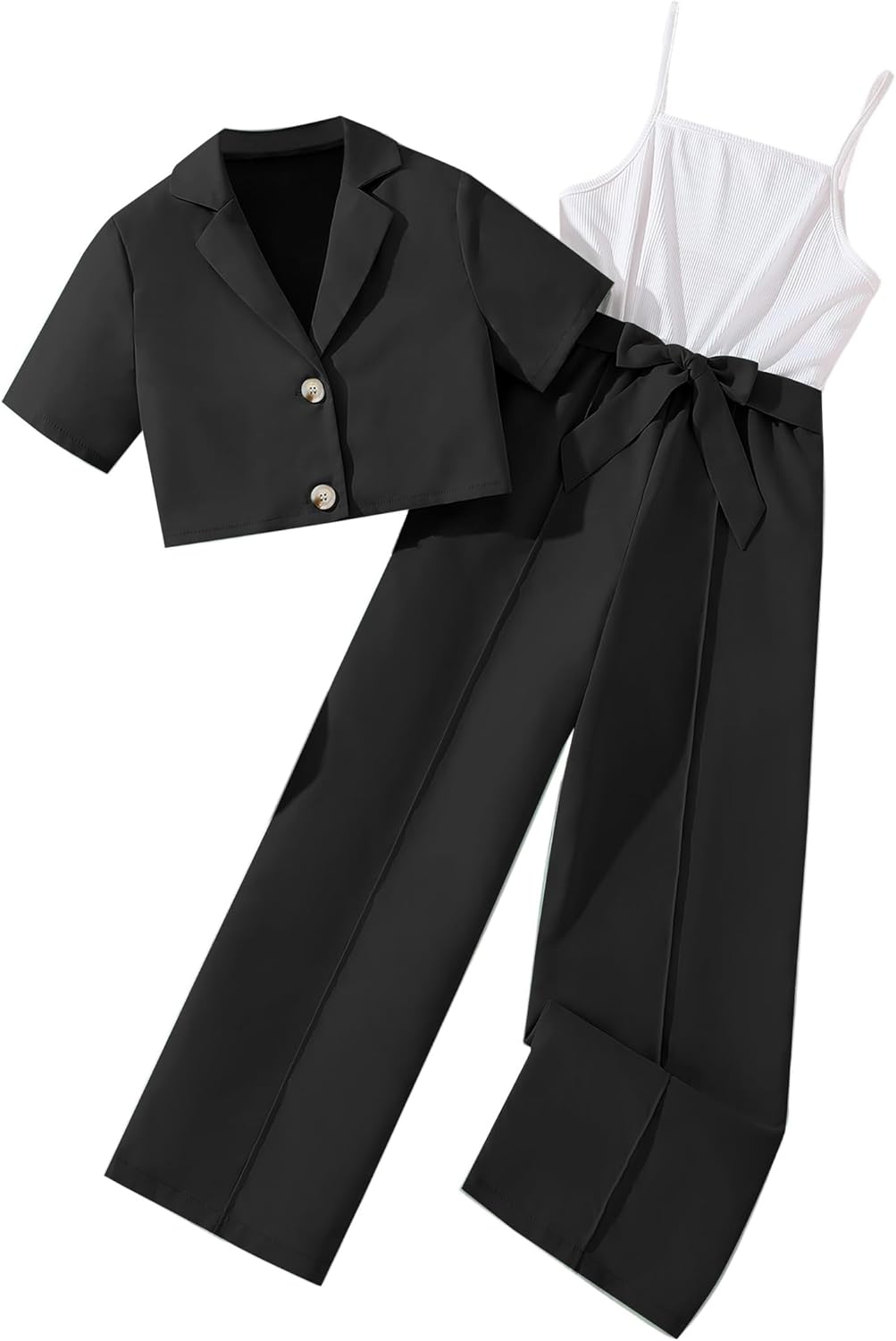 Hilinker Girl's 2 Piece Outfits Short Sleeve Blazer and Belted Sleeveless Jumpsuit Sets