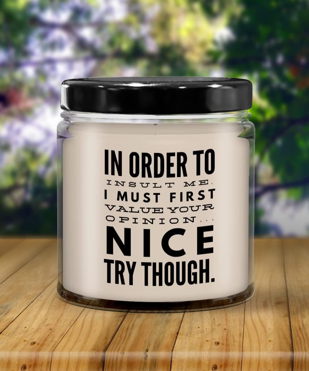 in Order to Insult Me I Must First Value Your Opinion Sarcastic Candle with Funny Sayings for Friends Coworker Office Humor Ideas for Boss Novelty 9 O