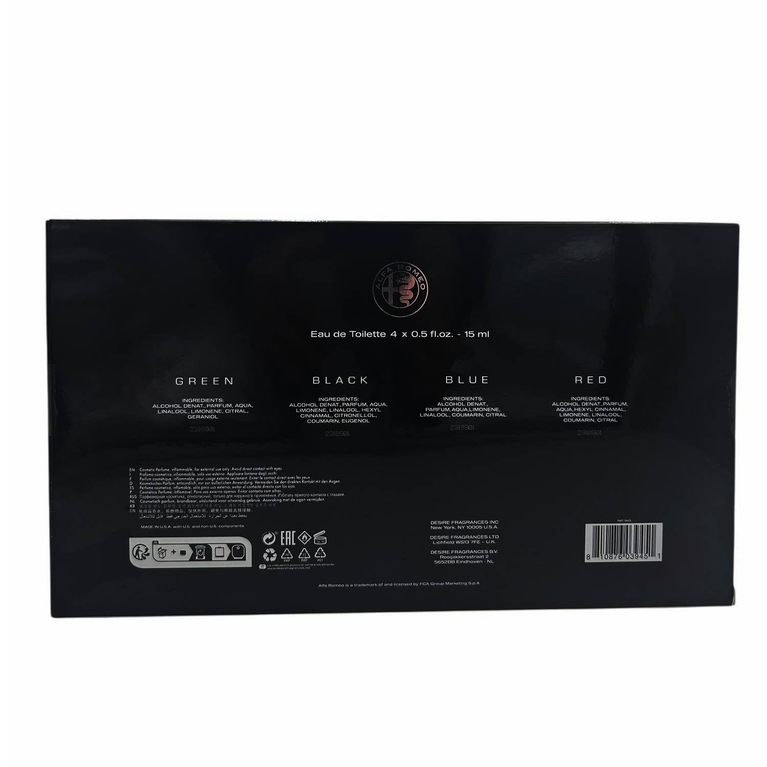Alfa Romeo Opakowanie prezentowe dla mężczyzn Green Black Blue Red Perfumy Woda toaletowa Spray 4 x 15 ml