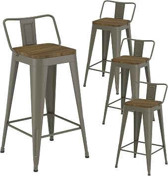 Rusty Bar Stools Set of 4, Metal Bar Stools with Wooden Seat, Modern 26Counter Height Barstools with Low Back