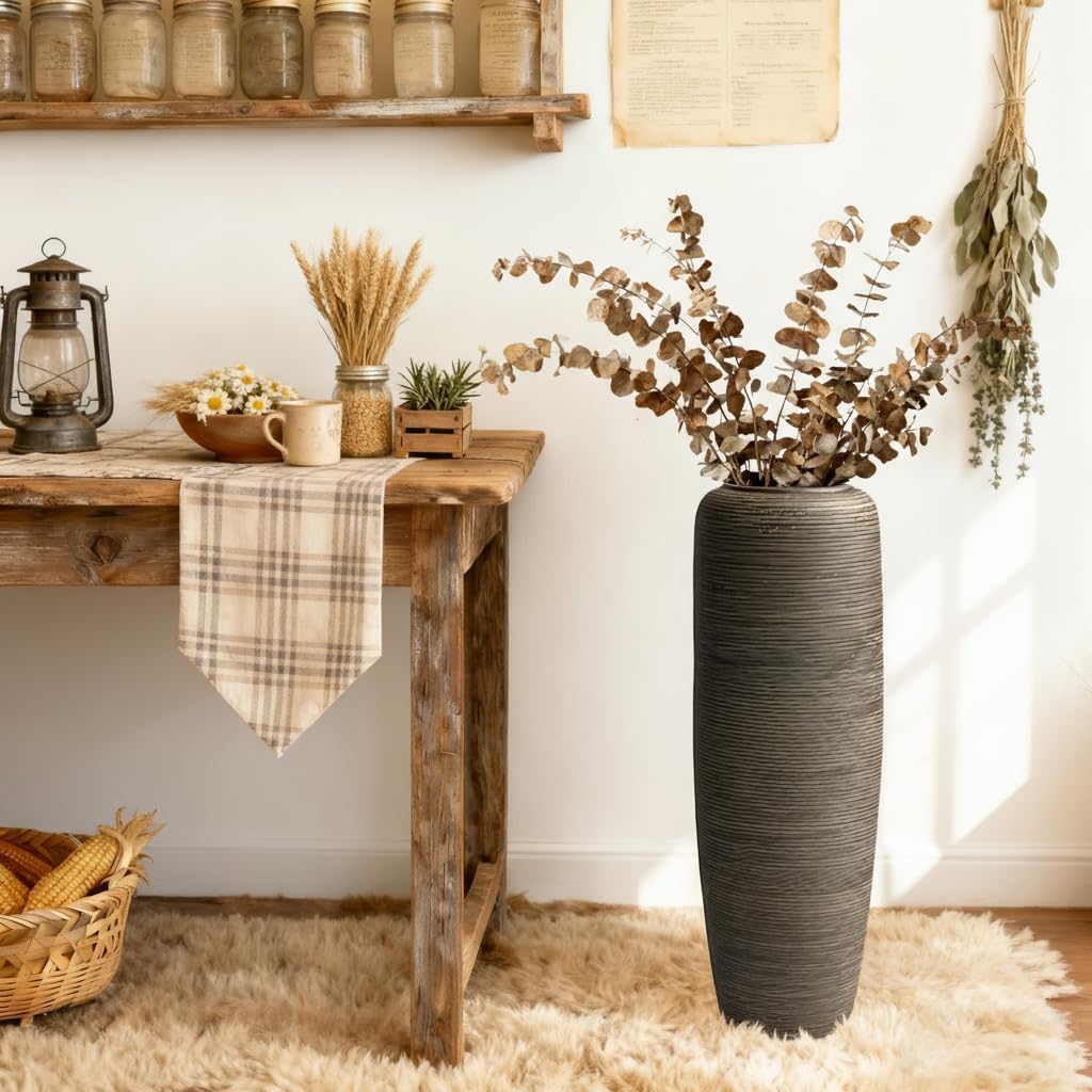 Vintage Ceramic Floor Vase – 23.6 Inch Distressed Glazed Oversized Floor Urn, Rustic Country Decor for Entryway, Living Room & Corner