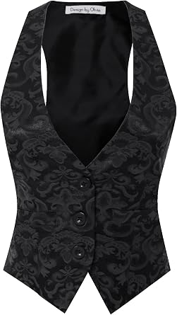 Design by Olivia Womens Waistcoat Tuxedo Vest Vintage Steampunk Dress Racerback Jacquard Jacket