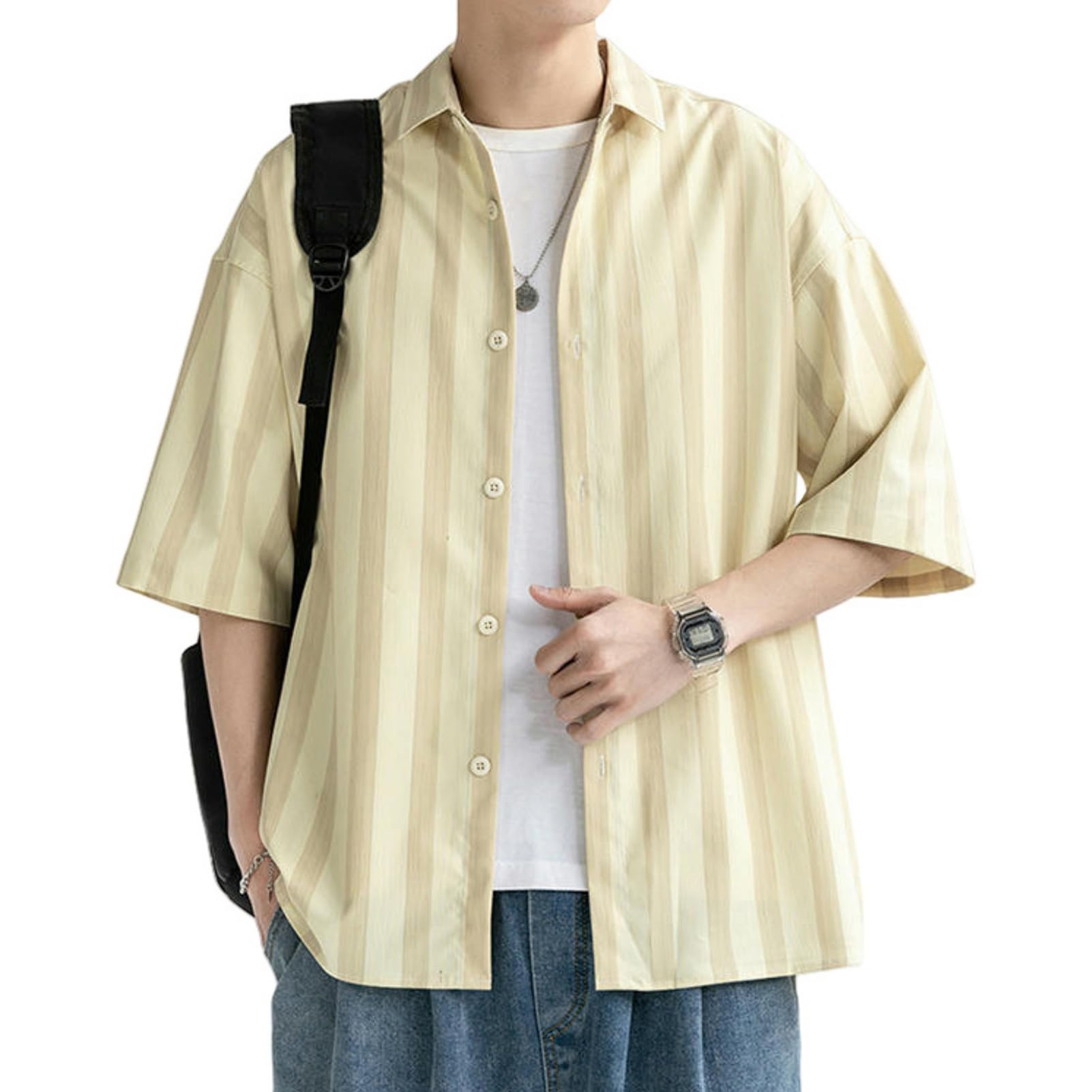 Chemise décontractée rayée homme manches courtes style rétro vintage