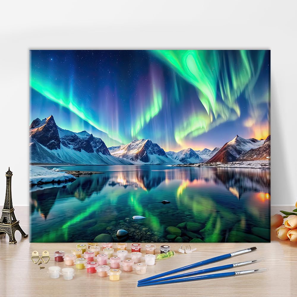 TISHIRON Paint by Numbers for Adults Beginners Magic Aurora Lights Landscape - Northern Lights Over Snow Mountains - Winter Aurora Sky - Oil Painting Style Canvas 40 x 50 cm