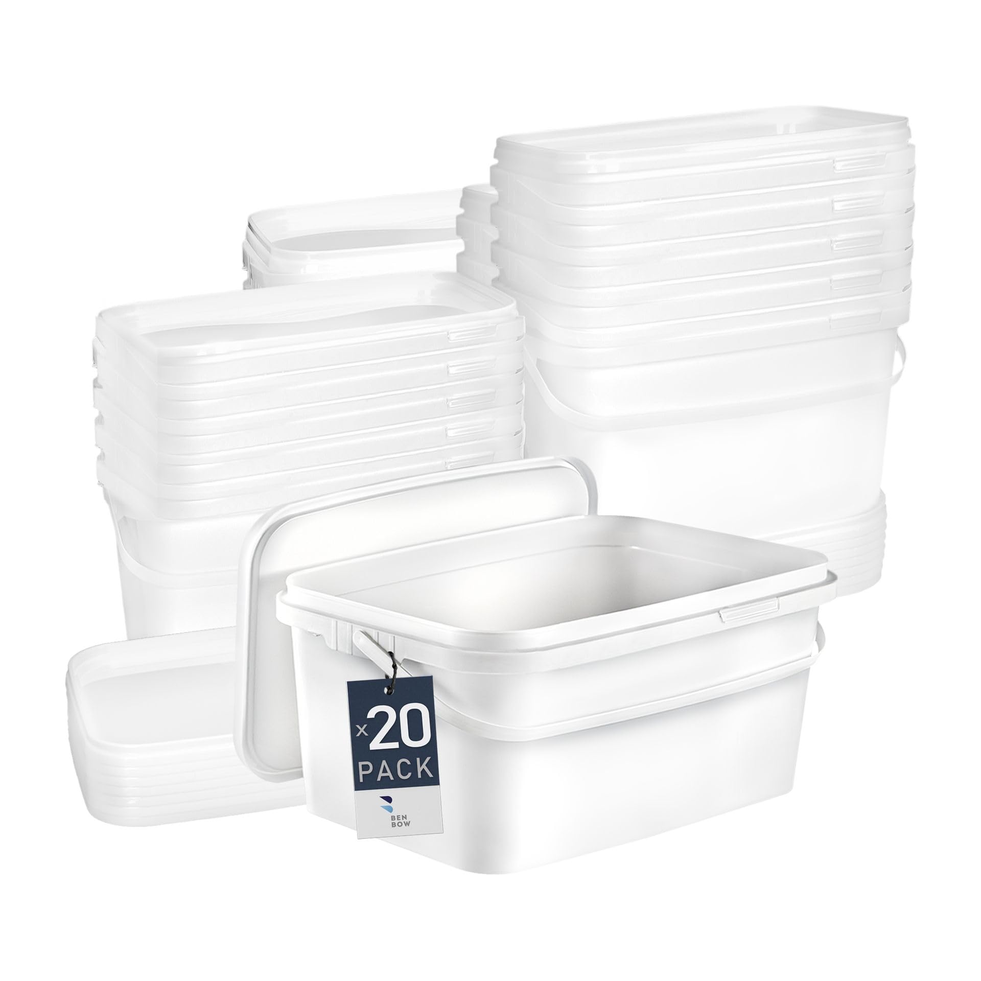 BenBow Rectangular bucket with lid 1.1 gal (20x 5L) white - food-safe, stackable plastic box with handle - empty
