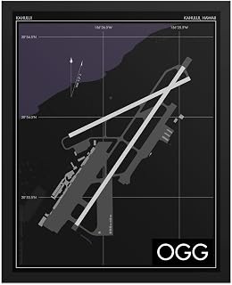 Works of Air, Kahului Airport (OGG), Hawaii Aviation Decor, Pilot Gift, KOGG Print, Maui Airfield (Black - Black Frame, 12" x 18")