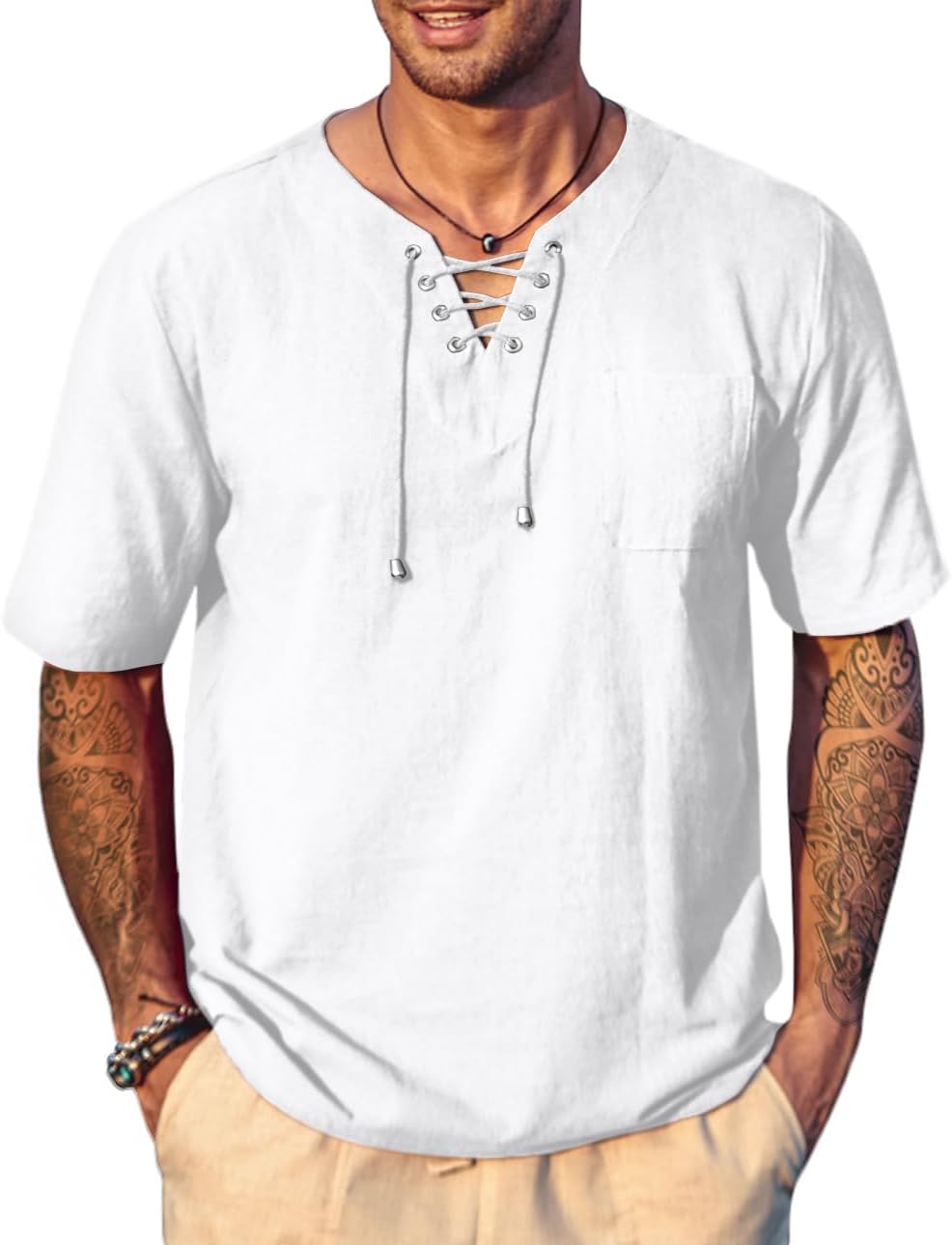 COOFANDY Men Casual Cotton Linen T Shirt Short Sleeve Beach Lace Up Hippie Shirt Yoga Renaissance Tunic