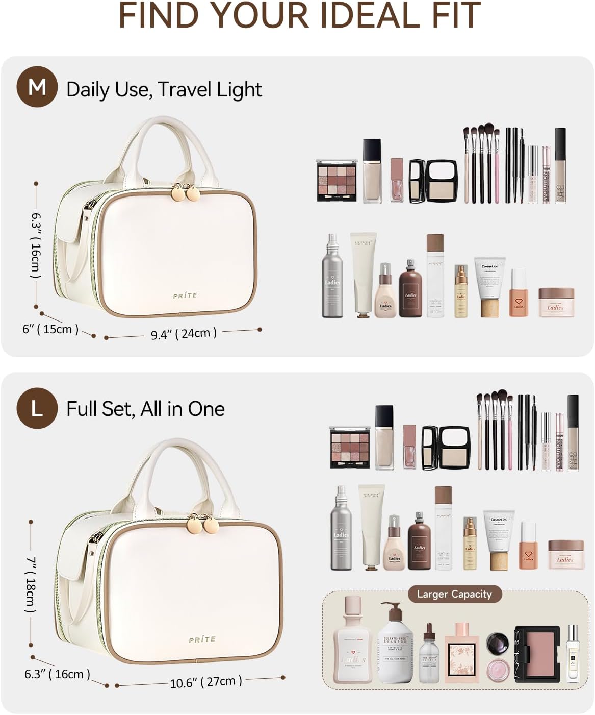 Prite Makeup Bag for Women, Large Capacity Waterproof Travel Cosmetic Organizer, Portable Open Flat Toiletry Bag with Free-standing Brush Holder and Handle(Beige Large) - Image 2