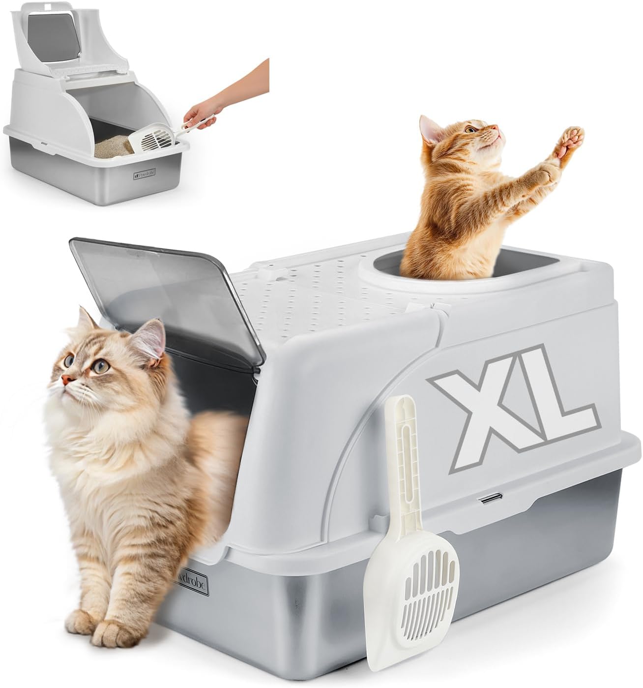 xl stainless steel litter box with lid, covered top entry cat litter boxes, extra large metal enclosed litter box, helps reduce odors, leak-resistant, includes litter scoop grey
