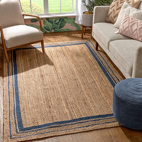 Well Woven Delphina Blue & Natural Color Hand-Braided Jute Border Pattern Area Rug 8x10 (8'x10')