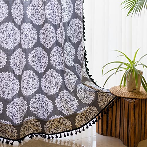 Image of Urban Space Boho Decorative Curtains for Window, 100% Cotton Curtain 5 Feet Long, Set of 1 Curtains with Tassels, 60-65% Room Darkening Curtain with Tieback and Eyelets (Mandala Grey, 5 Feet)