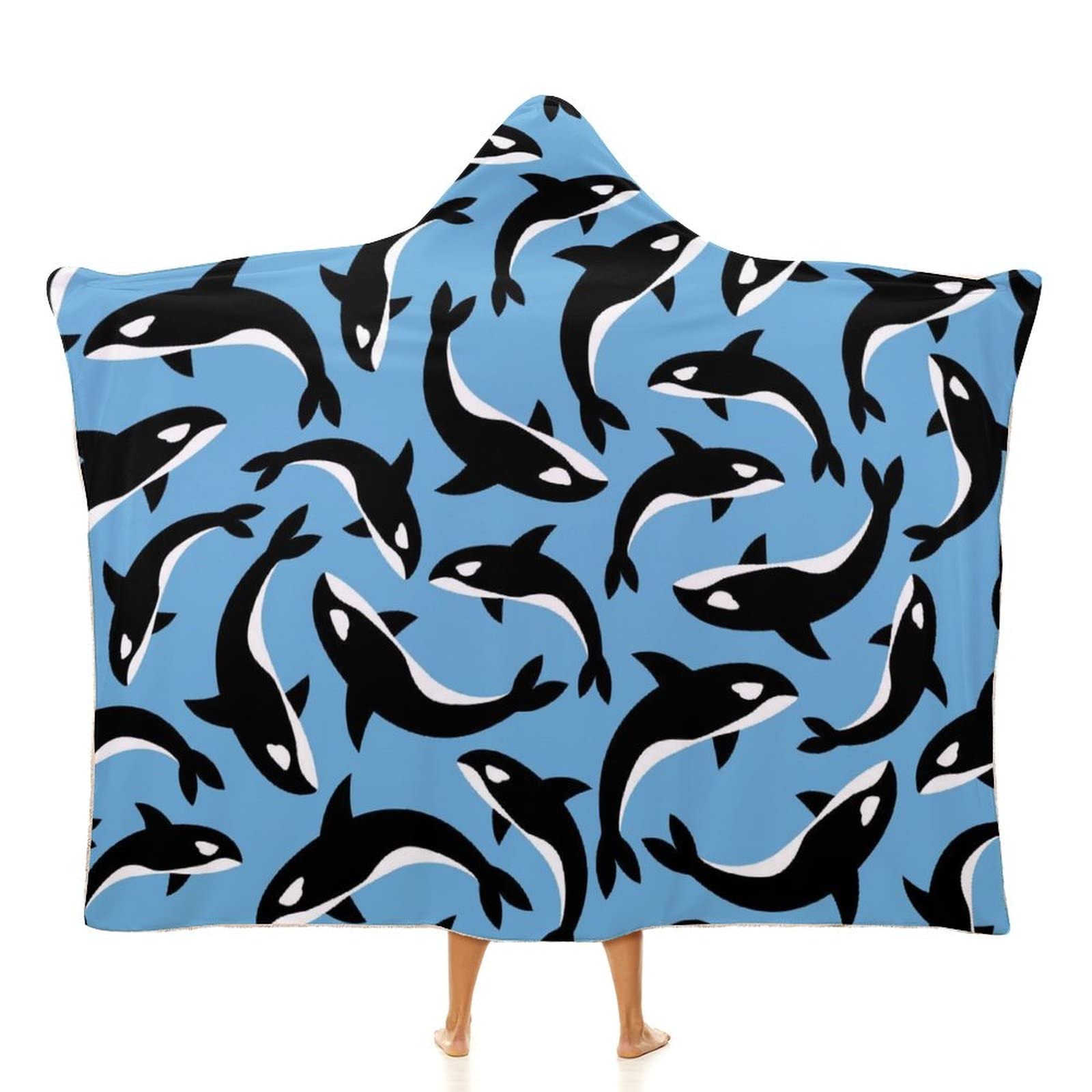 Killer Whales Orca Wearable Hooded Blanket Warm Cozy Blanket Oversized Throw Cape for Bed Sofa 60"x80"