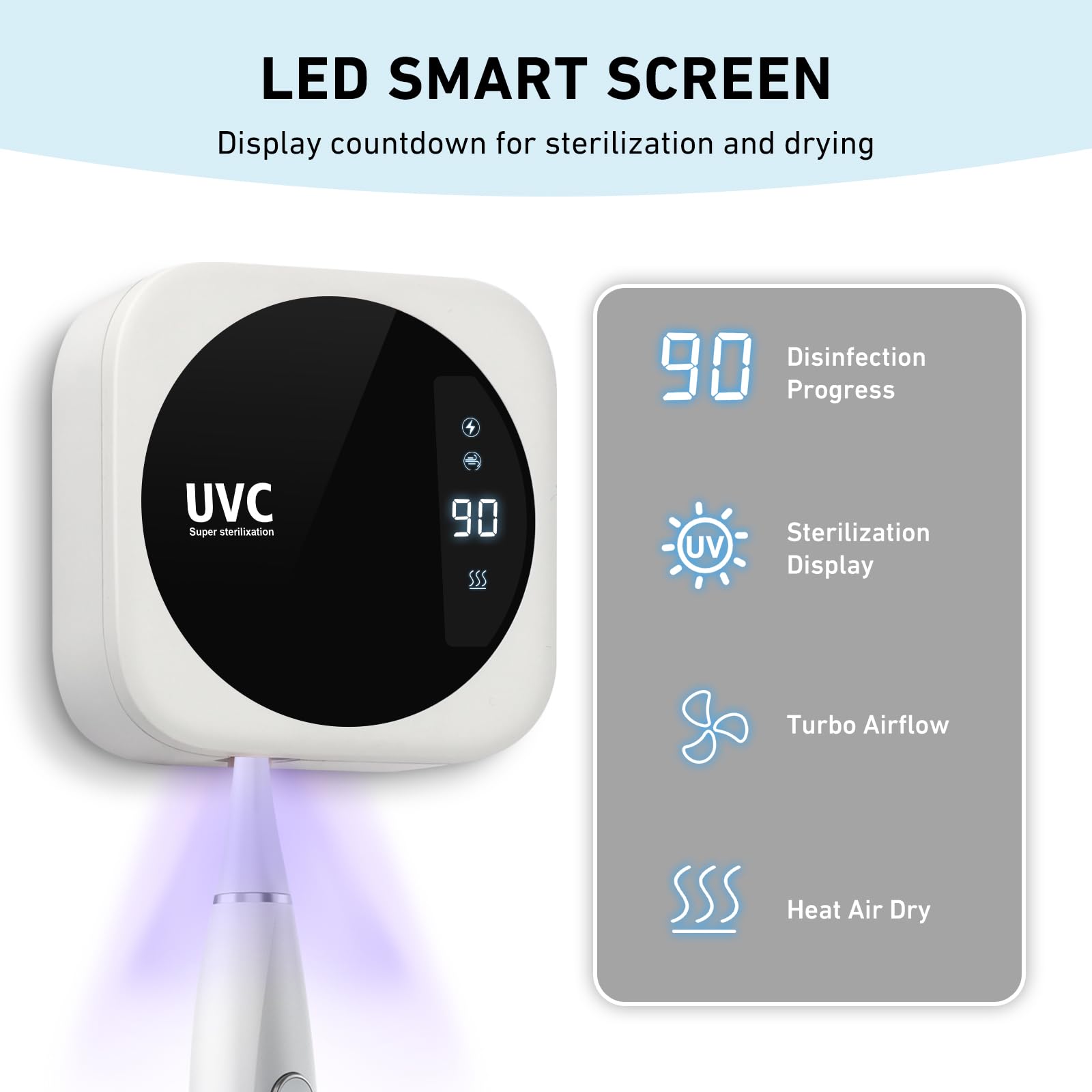 Limpiador de cepillos de dientes UV, estuche de limpieza portátil con pantalla LED, soporte inteligente para cepillos de dientes con calefacción, secado con ventilador y espejo para el hogar, viajes o