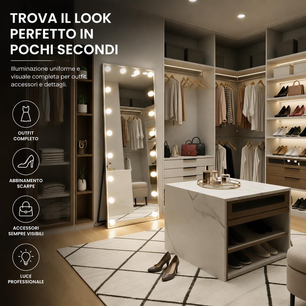 Shally Dogan Specchio XXL Hollywood Figura Intera Indipendente con Struttura in Alluminio con Led Bulbi a 3 Colori Dimmerabile, Bianco Caldo, Freddo e Neutro, Decorazione Interna 60 x 160 cm