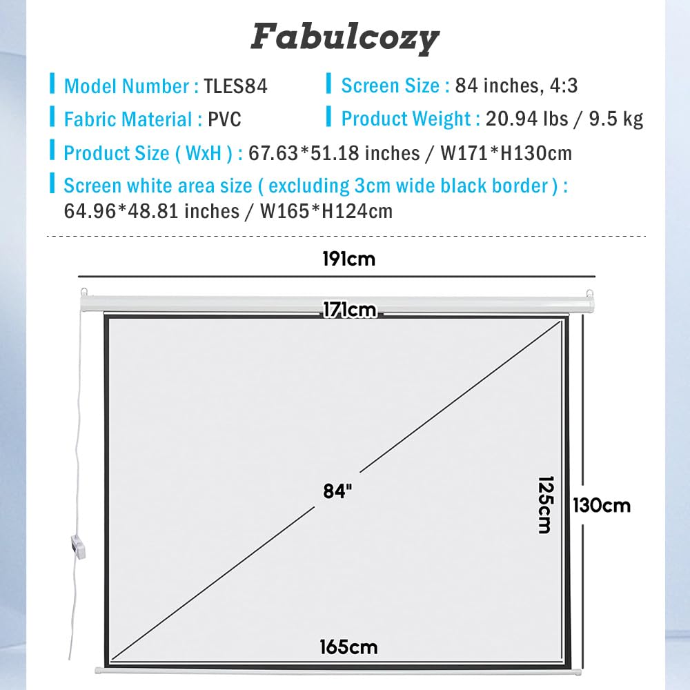 Fabulcozy écran projecteur électrique Écran de Projection motorisé 84 Pouces 4:3