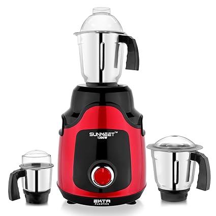 Sunmeet 1200-watts Commercial Heavy Mixer Grinder with 3 Stainless Steel Jars (Chutney Jar, Liquid Jar and Dry Jar) BlackRed EP04