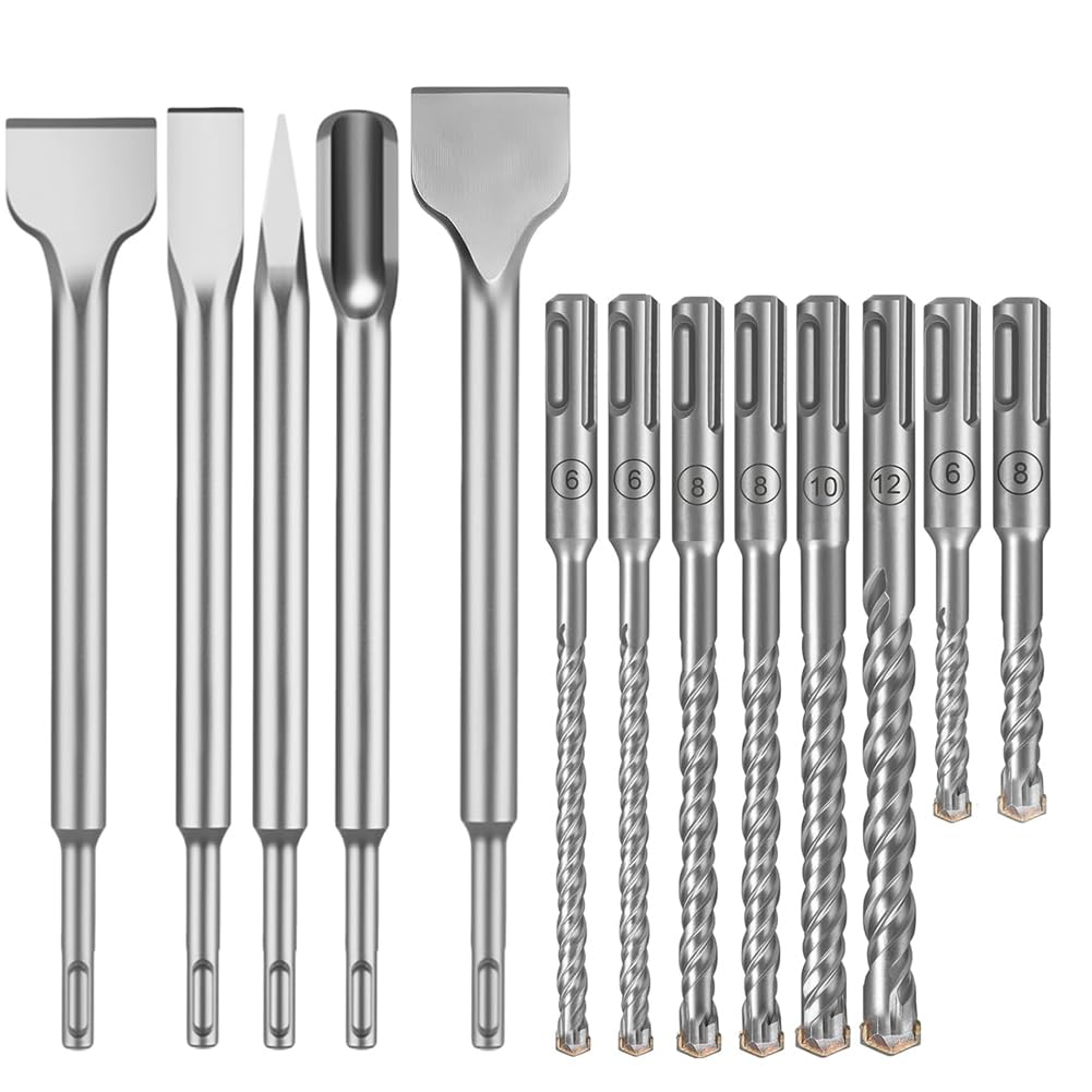 Juego de 13 Brocas y Cinceles para Martillo Perforador SDS Plus, Brocas con Punta de Carburo para Martillo Perforador y Brocas para Hormigón.
