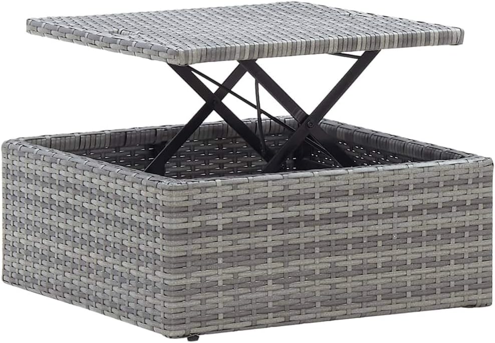 Close-up image of the synthetic rattan weaving and a grey cushion.