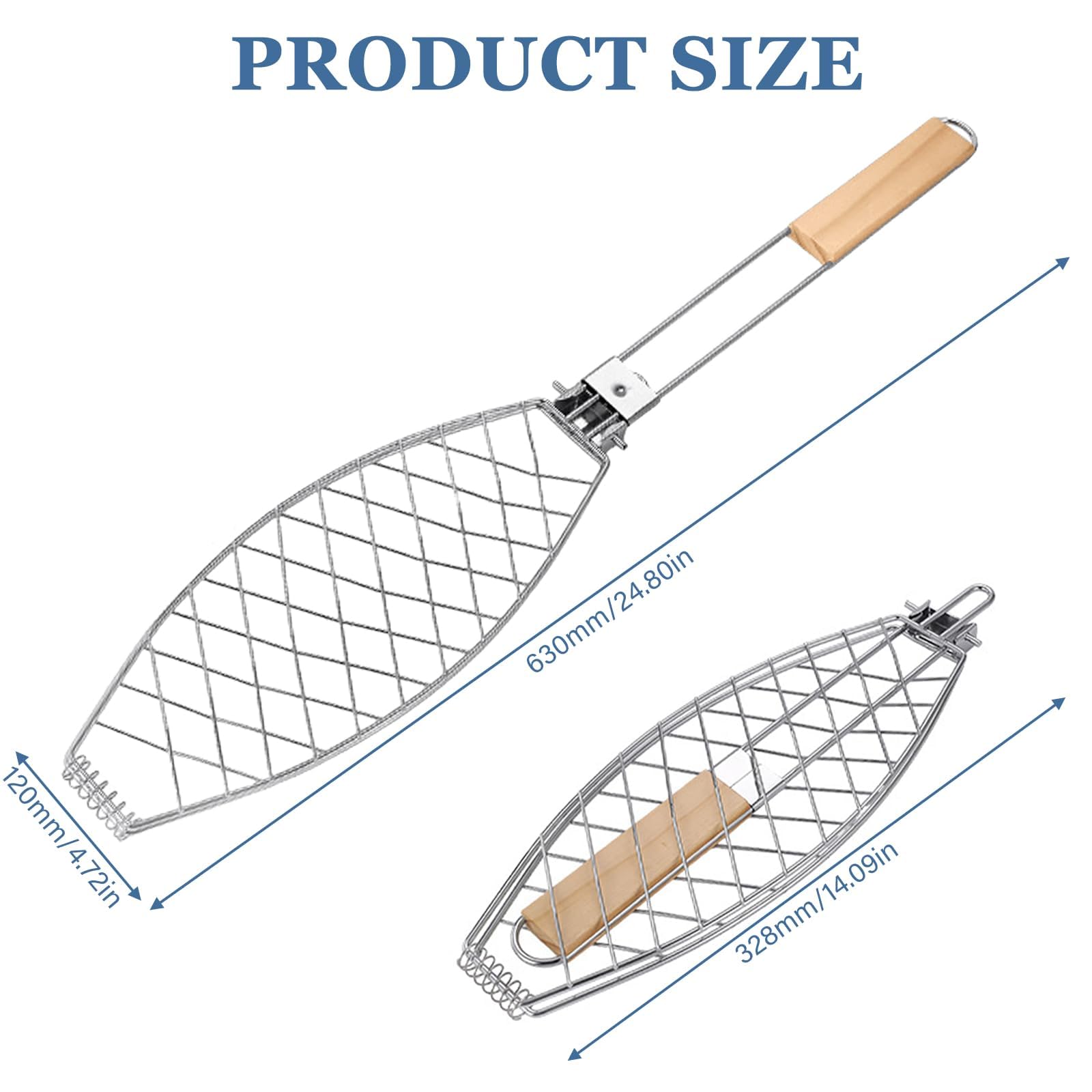 3 x Fisch Grillhalter mit Holzgriff, 63x12cm Große Fischbräter Fischgriller mit Griff aus Metall, Grillfisch Rack Fischgrillzange Fischkorb für BBQ und Grill