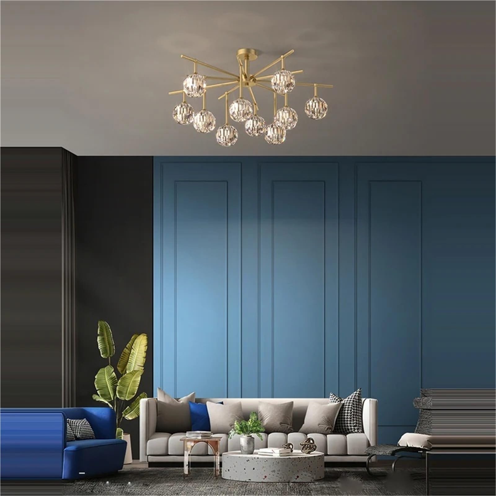 Modern Gold Branch Crystal Ceiling Light Sputnik Linear Crystal Globe Semi Flush Mount Ceiling Lamp Luxury Lighting Fixture for Foyer Bedroom