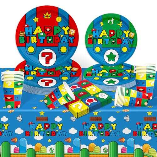 Luclay Geburtstag Party Pappteller Kindergeburtstag- Bros Partygeschirr Set Birthday Geburtstagsdeko Mädchen Junge Geschirr Party Tableware Supplies Kit Teller Tischdecke Servietten Tassen Kinder