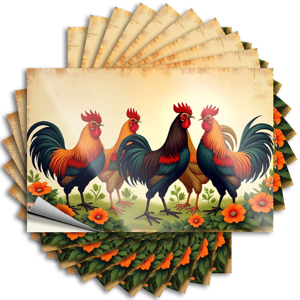 Sets Decal Window | Four Colorful Roosters Stand Proudly Among Vibrant Orange Flowers Rock Texas Sticker Pack(12X18CM)