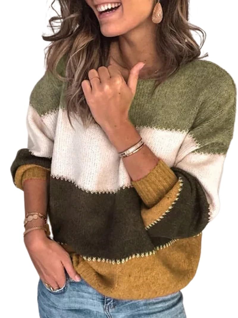 Womens Plus Size Sweaters Casual Long Sleeve Crewneck Color Block Knit Pullover Jumper Tops