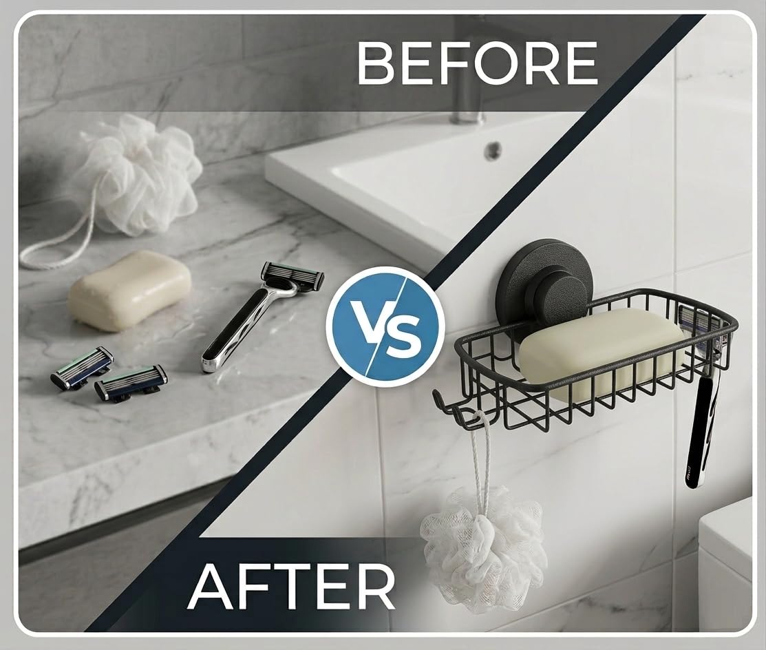 Jabonera para ducha, potente sistema de vacío, cesta de acero inoxidable 304 con ganchos de afeitar, soporte para jabón de baño o cocina (negro)