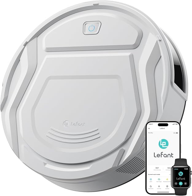Lefant M210 Pro Aspirateur robotique, Performance de nettoyage forte, Conception à faible profil, Recharge automatique, Options de contrôle multiples, Nettoyage chronométré, Idéal pour les propriétaires d'animaux & Surfaces dures, blanc