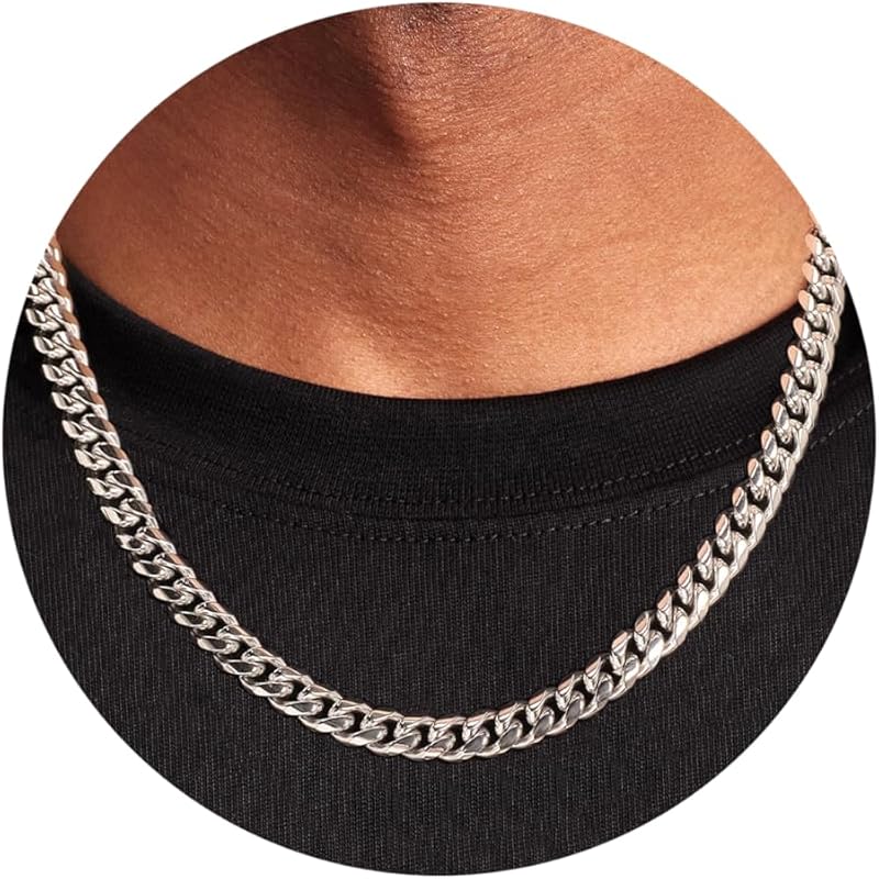 Silver Cuban Link Chain Necklace for Men Stainless Steel Chains for Men Women Miami Tone Diamond Cut Chain Necklaces Accessories Jewelry 4/6/10mm 18/20/22/24/26 Inch