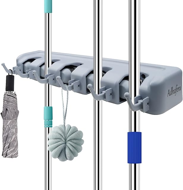 Adhafera Broom Holder Wall Mounted, Mop Holder Tidy Organizer, Mop and Broom Holder, Utility Room Storage Solutions, Brush Holder with 5 Positions and 6 Hooks, for Garage Garden Kitchen Tools Storage