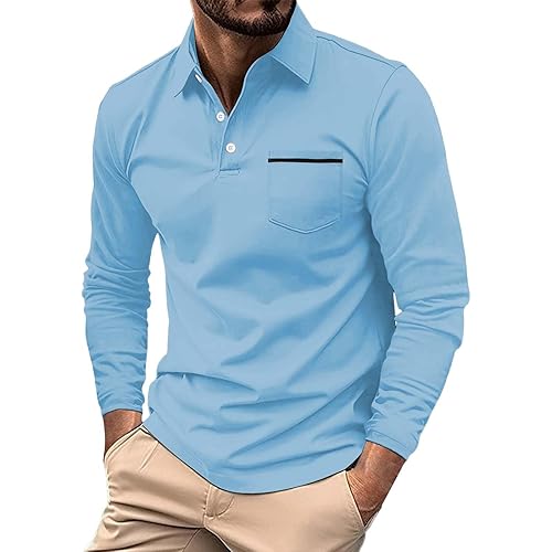 Long Sleeve Polo Shirt for Men, Cotton Casual Design with Pocket, Classic Button Collared Top for Golf