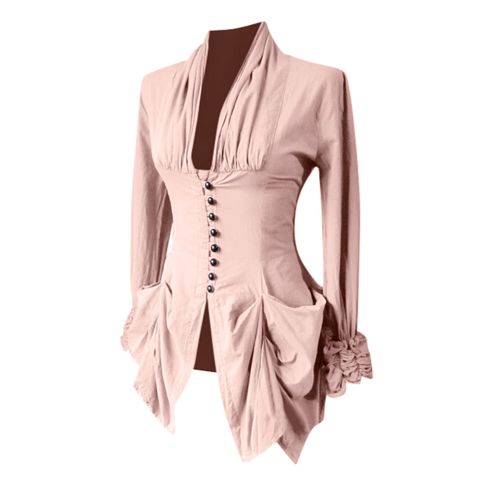 Medieval Victorian Women's Ruffle Blouse - Gothic Lace Shirt for Party, Lolita Long Sleeve Vintage Baroque Top, Steampunk Renaissance Top, Pink, L