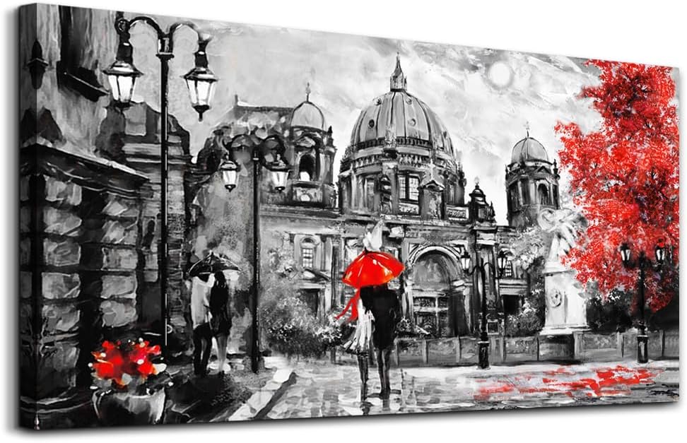 Black and White Buildings and Lovers Holding Umbrellas Under Street Lamps Canvas Art Print Artwork Wall Art for Living Room bedroom Wall Decor,Modern Home Decor Watercolor wall painting decoration