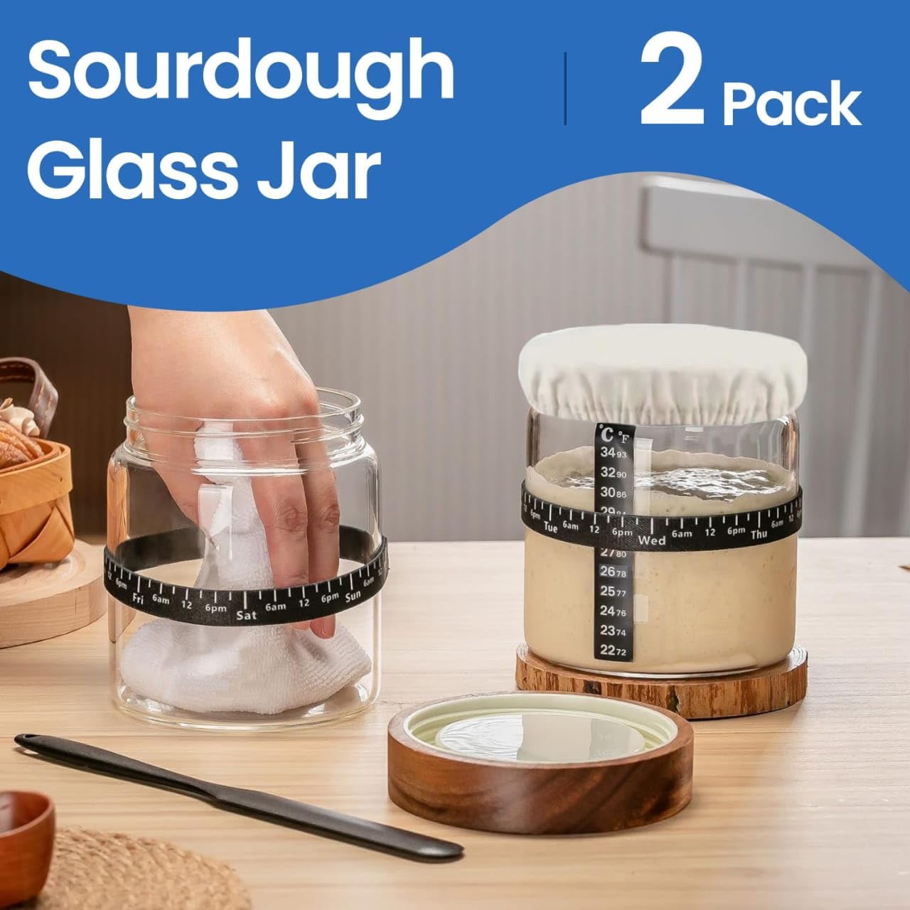 Sourdough Starter Jar Kit - Pack of 2, 35oz Wide Mouth Glass Jars for Sourdough Starter with Date Marked Feeding Scale, Thermometer, Cloth Cover, Scraper & Wooden Lid, Sourdough Jars - Image 2
