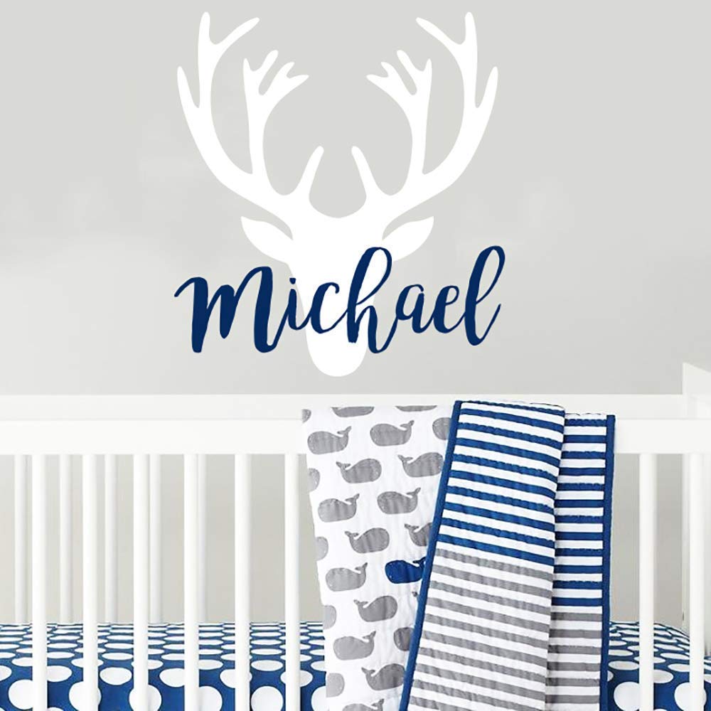 Personalized Deer Antlers Name Wall Decal, Deer Head Wall Decal, Hunting Themed Woodland Nursery Decor, Rustic Nursery Kids Decor F5