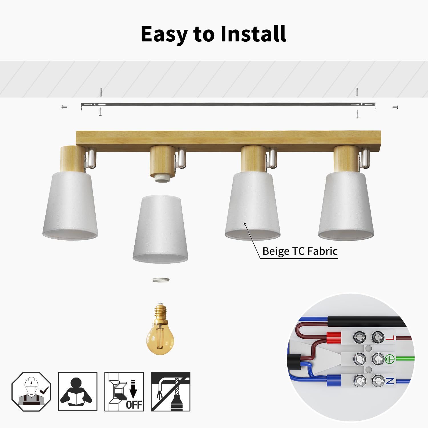 LVWIT Lámpara de Techo 4 Focos Orientables de Madera, Plafón Giratorio para E14, Retro para Cocina, Pasillo, Salón o Dormitorio – Bombillas No Incluidas