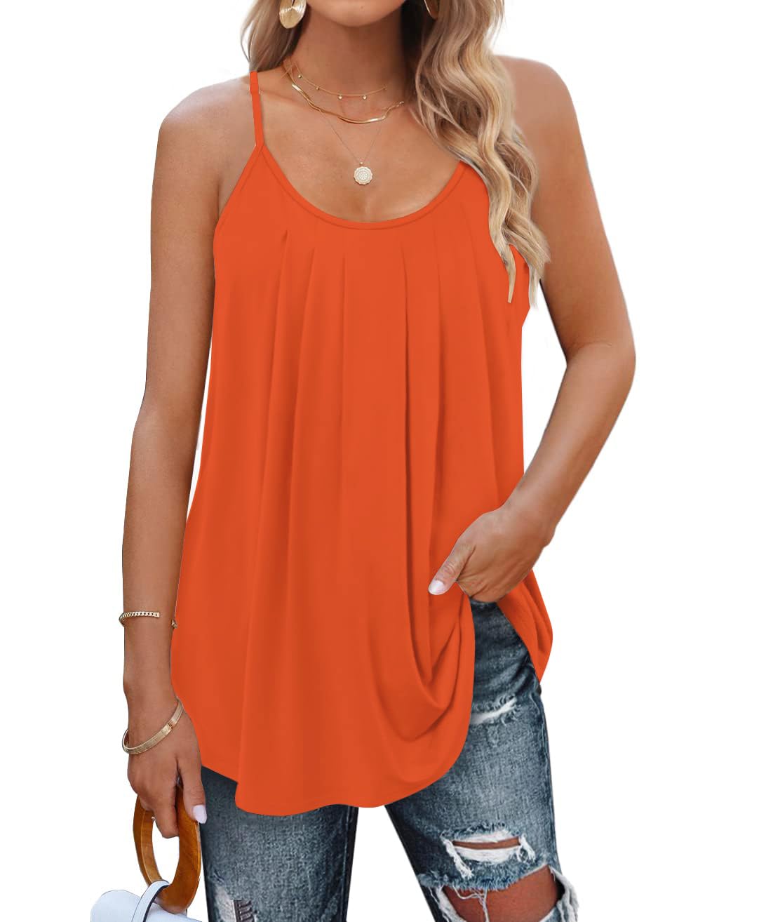DUOSASE Tank Top Damen U-Ausschnitt Plissierte Spaghetti Top Damen Sommer 2025 Sexy Ãrmellose Oberteile