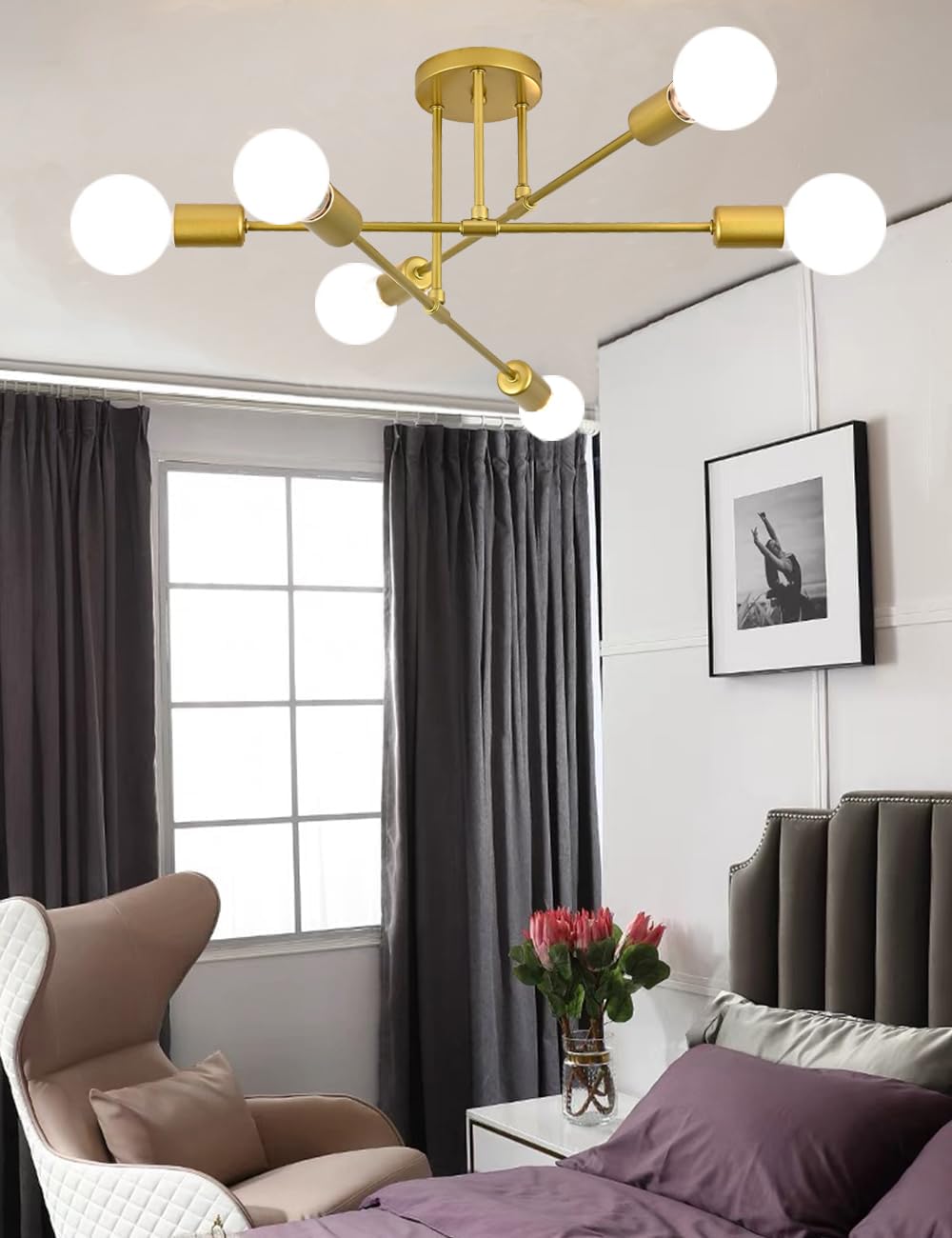 JUDU Modern Sputnik Ceiling Light,Chandelier 6-Light E27 Mid Century Metal Pendant Light Flush Mount Lights Fixture for Living Room Dining Room - Image 3