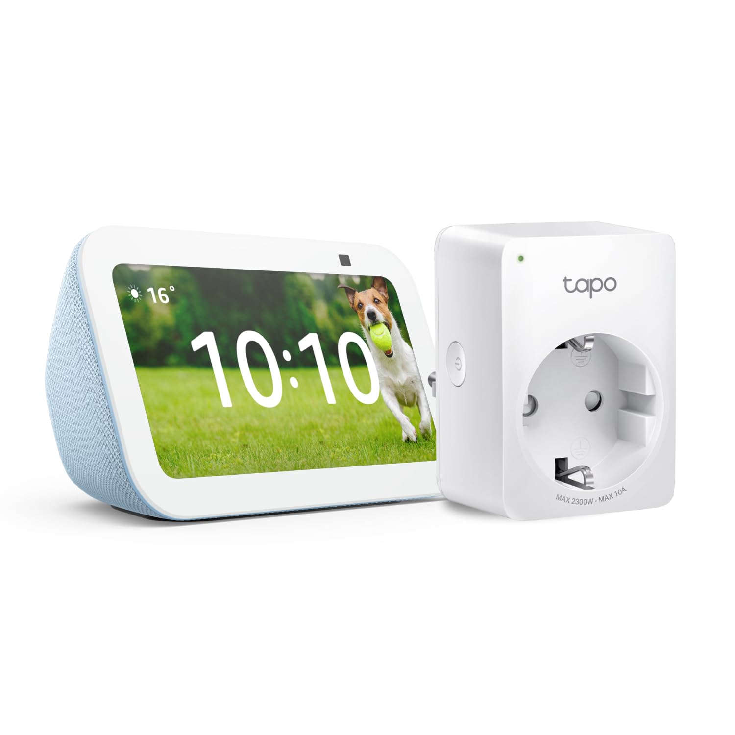 Echo Show 5 (3.ª generación) | Gris azulado + Tapo P100MA - Matter Mini Enchufe Inteligente, compatible con Alexa - Kit de inicio de Hogar digital